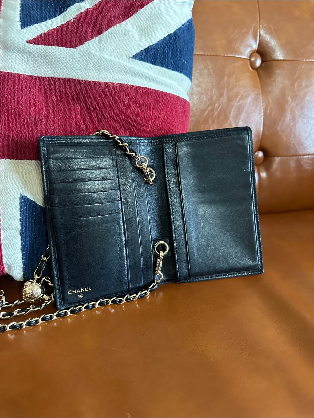 CHANEL Black Leather Chain Wallet with Gold-Tone Chain